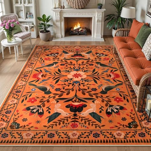 RUGMRZ Waschbare Teppich Waschbar 160x230cm,Orange,Pflanzenmuster für Neben Couch,Dekoration Wohnung,Neben Bett von RUGMRZ