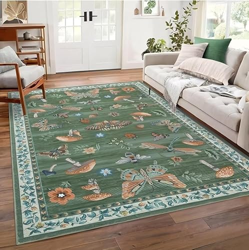 RUGMRZ Waschbarer Teppich Jugendzimmer 100x160cm,Grün,Schmetterlingsmuster für Dekoration Wohnung,Gaming Zimmer,Unter Schreibtischstuhl von RUGMRZ