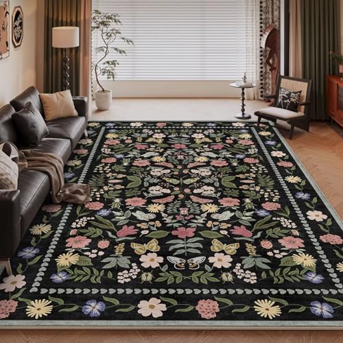 RUGMRZ Waschbarer Teppich Wohnzimmer Schwarz 80x160cm,Waschbare Schmutzfangmatte,Vintage Blumendruck für Schlafzimmer,Haustür,Eingangsbereich von RUGMRZ