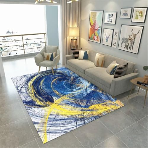 RUGMRZ Webteppich Teppich Kinderzimmer Maedchen Gelbe und Blaue Tuschemalereien können individuell gestaltet Werden. Landhausstil Deko Geometrisches Muster 160X200CM von RUGMRZ