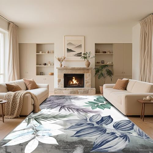 RUGMRZ Weich Teppich Jugendzimmer Grau 80x160cm,Blattmuster Waschbar,Kurzflor für Wohnzimmer,Balkon,Esstisch von RUGMRZ