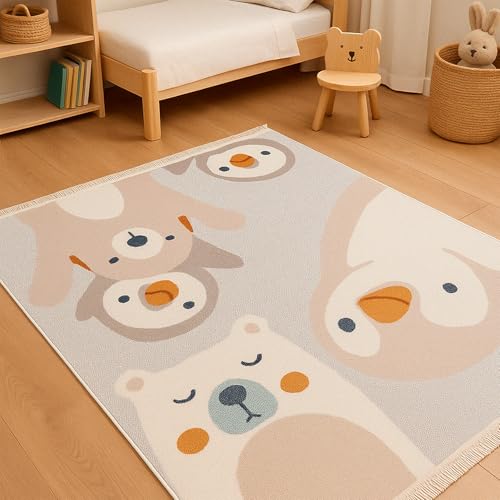 RUGURA Teppich Kinderzimmer Junge Mädchen Kinderteppich Spielteppich Kurzflor 170x120cm, Eisbär und Pinguine von RUGURA