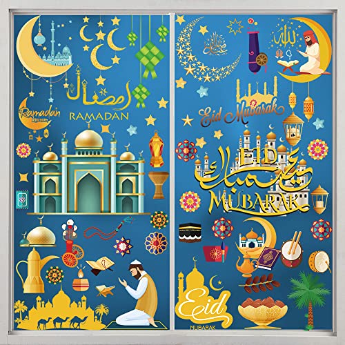 9 Blätter Ramadan Fensteraufkleber,Eid Mubarak Fensterbilder,Fensterbild Set Eid Mubarak,Stern Halbmond Fenster Aufkleber, Selbstklebend Ramadan Sticker von RUHM