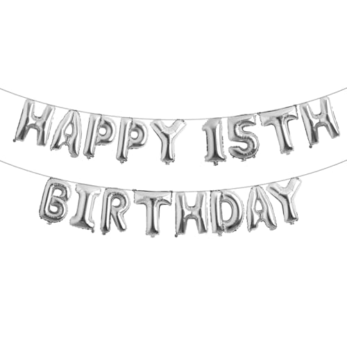 Ballonbanner "Happy 15th Birthday", mehrfarbig, glitzernd, Party-Dekorationen für 15. Geburtstag, Partyzubehör, Buchstaben (Happy 15th Birthday), silberfarben von RUIANSI