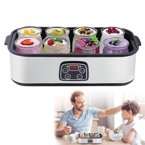 Automatischer Joghurtbereiter mit 8 Gläsern à 1400 ml, elektrischer Joghurtautomat in Multidelices mit Timer, verstellbarem Thermostat und digitaler Anzeige, Joghurtbehälter aus Glas mit Deckel (1 von RUICUBEI