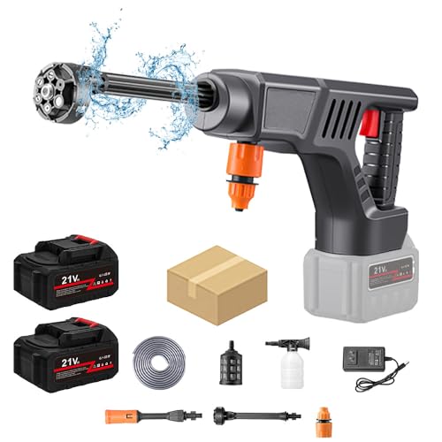 Hochdruckreiniger mit Akku, kabelloser Hochdruckreiniger, tragbar, mit Zubehör, 6-in-1 Multifunktionsdüse, ideal für Autos, Haus, Garten (2 Batterien) von RUICUBEI