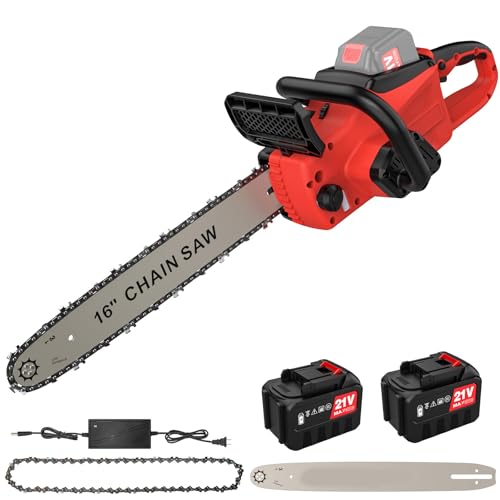 Kabellose Kettensäge, 21 V, automatische Schmierung, bürstenlose Kettensäge mit Akku, automatisches Schärfen, Führung 53 cm, kompakte Größe für Holz, Holzscheite und Äste (2 Batterien) von RUICUBEI