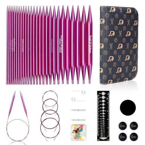 RUIDI Rundstricknadeln Set, Lange Aluminium Austauschbare Rundstricknadeln Set mit Etui & Zubehör, 13 Paar Rundstricknadel-Set (13cm) in den Größen von 2,75 mm bis 10 mm (Fuchsia) von RUIDI