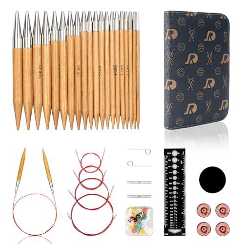 RUIDI Rundstricknadeln Set, Austauschbar mit Tasche & Zubehör, 10 Paare Rundstricknadel-Set (12cm) in Größen von 3,5 mm bis 10 mm (Buchenholz) von RUIDI