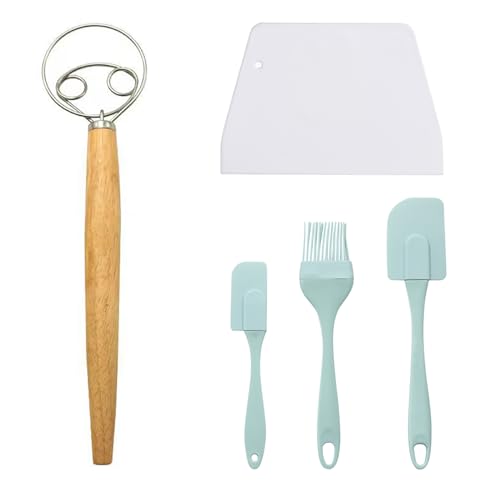 RUIENGCOMM Dänischer Schneebesen Langer Holzgriff Brotteig mit Teigschaber Silikon Spatel und Ölbürste Handbesen Premium Edelstahl Schneebesen für Brot Gebäck oder Pizzateig für perfektes Backen von RUIENGCOMM