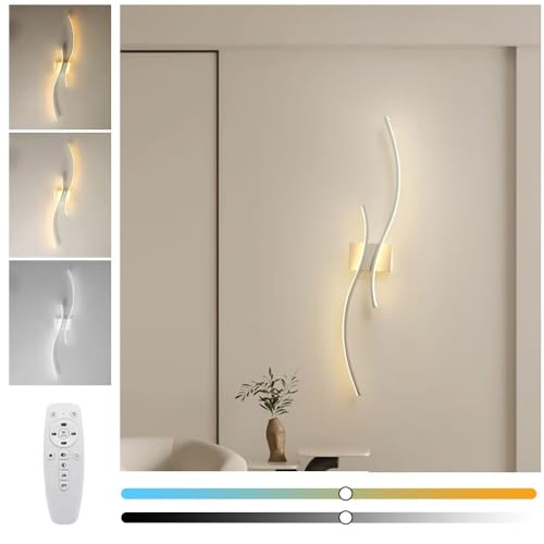 RUIFANLT Lineare Wandleuchte LED Innen, Wandlampe Weiß Lang Dimmbare Wandleuchten Mit Fernbedienung 25W 60cm Wellendesign Kabellose Wandbeleuchtung für Wohnzimmer Schlafzimmer Flur Treppenhaus von RUIFANLT