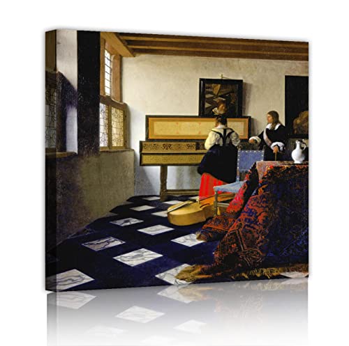 RUIHOME Decor Johannes Vermeer Wandkunst Musikunterricht Alte Meister Malerei auf Leinwand Ländliches Wanddekor für Wohnzimmer Büro gerahmt Fertig zum Aufhängen 42x42cm Innenrahmen von RUIHOME Decor