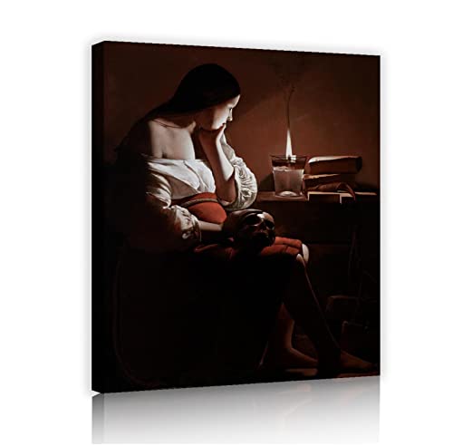 RUIHOME Decor Wandkunst Georges De La Tour druckt Leinwand Poster Raum Dekor Ästhetisches Kunstwerk Wohnzimmer Dekor -Die Magdalena mit der rauchenden Flamme 85x65cm Innenrahmen von RUIHOME Decor