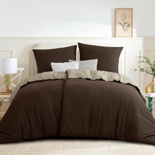 RUIKASI Bettwäsche 135x200 4teilig Braun - Wendebettwäsche 135 x 200 2er Set, Bettbezüge 135x200cm aus Weich und Bügelfrei Mikrofaser mit Reißverschluss, Khaki und Braun von RUIKASI