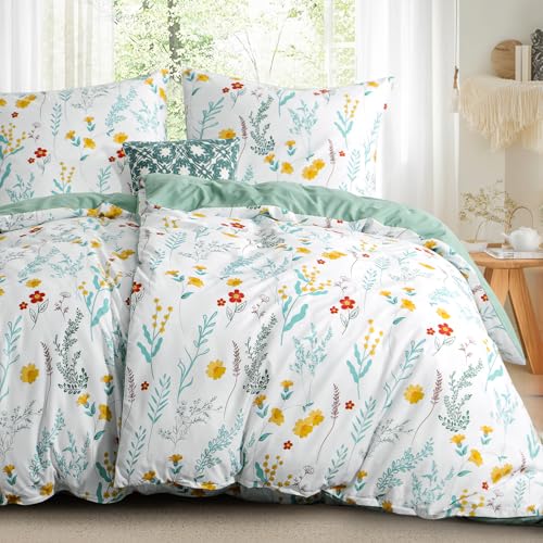 RUIKASI Bettwäsche 135x200 4teilig Grün - Bettbezüge Set mit Blumen Muster, Bettwäsche-Sets 135 x 200 2er mit 2 Kissenbezügen 80x80 cm aus Mikrofaser mit Reißverschluss Weich und Bügelfrei von RUIKASI