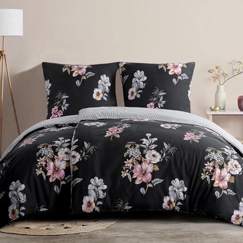 RUIKASI Bettwäsche 135x200 4teilig Schwarz - Bettbezüge 135 x 200 2er Set mit Blumen Muster, Bettwäsche-Sets 135x200cm aus Mikrofaser mit Reißverschluss Weich und Bügelfrei von RUIKASI