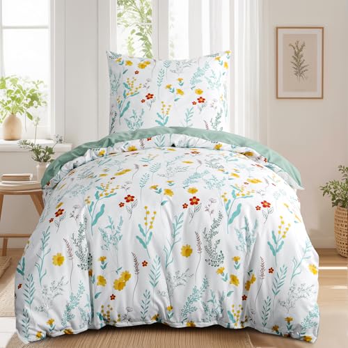 RUIKASI Bettwäsche 155x220 2 teilig Grün - Bettbezug Set mit Blumen Muster, Bettwäsche-Sets 155 x 220 mit 1 Kissenbezügen 80x80 cm aus Mikrofaser mit Reißverschluss Weich und Bügelfrei von RUIKASI