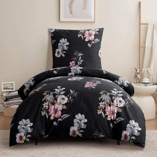 RUIKASI Bettwäsche 155x220 2 teilig Schwarz - Bettbezug 155 x 220 Set mit Blumen Muster, Bettwäsche-Sets 155x220cm aus Mikrofaser mit Reißverschluss Weich und Bügelfrei RUIKASI Bettwäsche 155x220 2 teilig Schwarz - Bettbezug 155 x 220 Set mit Blumen Muster, Bettwäsche-Sets 155x220cm aus Mikrofaser mit Reißverschluss Weich und Bügelfrei von RUIKASI