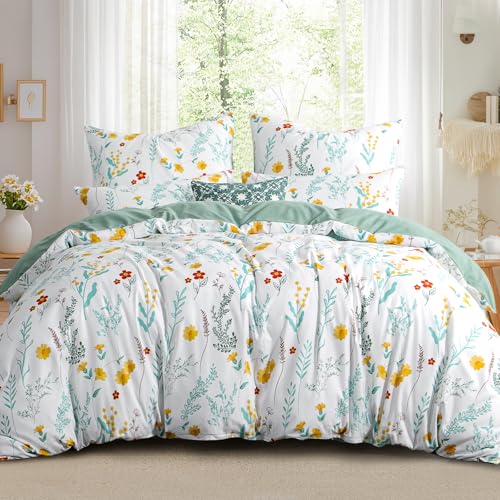 RUIKASI Bettwäsche 200x220 3 teilig Grün - Bettbezug Set mit Blumen Muster, Bettwäsche-Sets 200x220cm mit 2 Kissenbezügen 80x80 cm aus Mikrofaser mit Reißverschluss Weich und Bügelfrei von RUIKASI