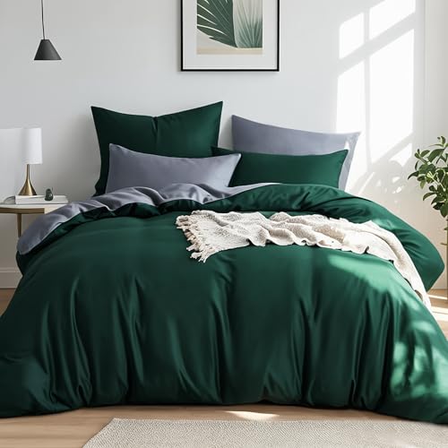 RUIKASI Bettwäsche 220x240 Baumwolle Grün - Bettwäsche-Sets 220x240cm 3teilig Wendebettwäsche 3tlg mit Reißverschluss, zweifarbige Bettbezug Set Dunkelgrün und Grau Cotton von RUIKASI