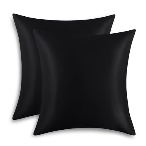 RUIKASI Satin Kissenbezug 65x65cm 2er Set - Seidig Kopfkissenbezug 65x65 Schwarz mit Reißverschluss, Leicht Pflege wie Seide Kissenbezüge Doppelpack, Weich Pillowcases für Haare und Haut von RUIKASI