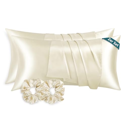 RUIKASI Satin Kissenbezug 40 x 80 Beige - 2er Set weicher Kopfkissenbezug wie Seidenkissenbezug 40x80 für Haar und Haut mit 2 Haargummis, Bessere Pflege als Silk Pillow Case Pillow Cover RUIKASI Satin Kissenbezug 40 x 80 Beige - 2er Set weicher Kopfkissenbezug wie Seidenkissenbezug 40x80 für Haar und Haut mit 2 Haargummis, Bessere Pflege als Silk Pillow Case Pillow Cover von RUIKASI