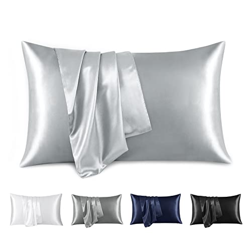 RUIKASI Satin Kissenbezug 50x75cm Hellgrau - Kopfkissenbezug 50x75 2er Set mit Reißverschluss, Leicht Pflege wie Seide Kissenbezüge 75x50 cm Doppelpack, Weich Pillowcases für Haare und Haut von RUIKASI