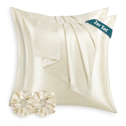 RUIKASI Satin Kissenbezug 80x80 Beige - 2er Set weicher Kopfkissenbezug wie Seidenkissenbezug 80x80cm für Haar und Haut mit 2 Haargummis, Bessere Pflege als Silk Pillow Case Pillow Cover RUIKASI Satin Kissenbezug 80x80 Beige - 2er Set weicher Kopfkissenbezug wie Seidenkissenbezug 80x80cm für Haar und Haut mit 2 Haargummis, Bessere Pflege als Silk Pillow Case Pillow Cover von RUIKASI