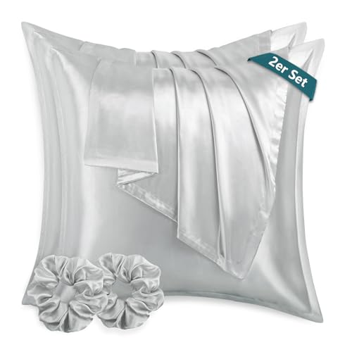 RUIKASI Satin Kissenbezug 80x80 wie EIN Seidenkissenbezug mit 2 Haargummis - seidig Kopfkissenbezug 80x80 für Haar und Haut, Pflegeleichter als Seiden Kissenbezug Silk Pillow Case, Hellgrau RUIKASI Satin Kissenbezug 80x80 wie EIN Seidenkissenbezug mit 2 Haargummis - seidig Kopfkissenbezug 80x80 für Haar und Haut, Pflegeleichter als Seiden Kissenbezug Silk Pillow Case, Hellgrau von RUIKASI