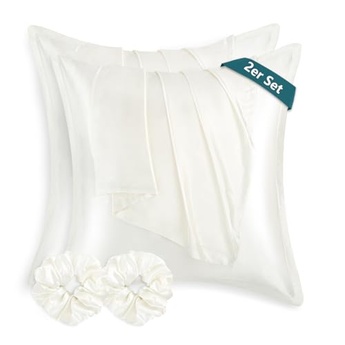 RUIKASI Satin Kissenbezug 80x80 Weiß - 2er Set weicher Kopfkissenbezug Weiss wie Seidenkissenbezug 80x80cm für Haar und Haut mit 2 Haargummis, Bessere Pflege als Silk Pillow Case Pillow Cover RUIKASI Satin Kissenbezug 80x80 Weiß - 2er Set weicher Kopfkissenbezug Weiss wie Seidenkissenbezug 80x80cm für Haar und Haut mit 2 Haargummis, Bessere Pflege als Silk Pillow Case Pillow Cover von RUIKASI