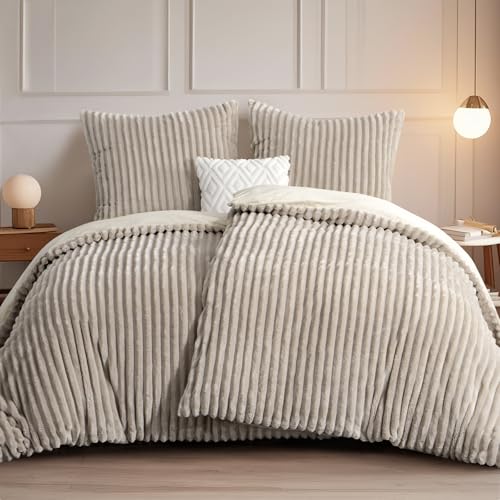 RUIKASI Winter Flanell Bettwäsche 135 x 200 4teilig Beige - Plüsch Warme Flauschig Winterbettwäsche Cord Teddy Fleece Cashmere-Touch Bettbezug mit Reißverschluss und 2 Kissenbezug 80x80cm von RUIKASI