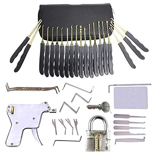 28-teiliges Dietrich Set mit transparenten Vorhängeschloss/Sicherheitsschloss und Lockpick-Pistole und 5-in-1 Kreditkarte Lockpicking-Set von RUIKUN
