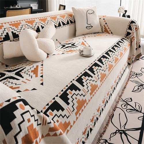 Chenille Sofadecke Boho Stil Queen Size Sofadecke Geometrisch Bohemian Stil Quaste Steppdecke Sesselbezug Bettdecke 1 2 3 4 Sitzer Sofaüberwurf Kratzfester Sofabezug (Schwarz Orange,180x150 cm) von RUILBJ