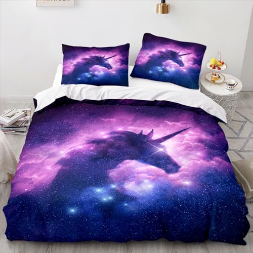 RUILBJ Sternenhimmel Einhorn Bettbezug Set Kinder Junge Mädchen Bettwäsche Set Bunte Cartoon Regenbogen Pferd Kind Polyester Bettdecke Abdeckung mit Kissenbezug (Lila 2, 135_x_200_cm) von RUILBJ