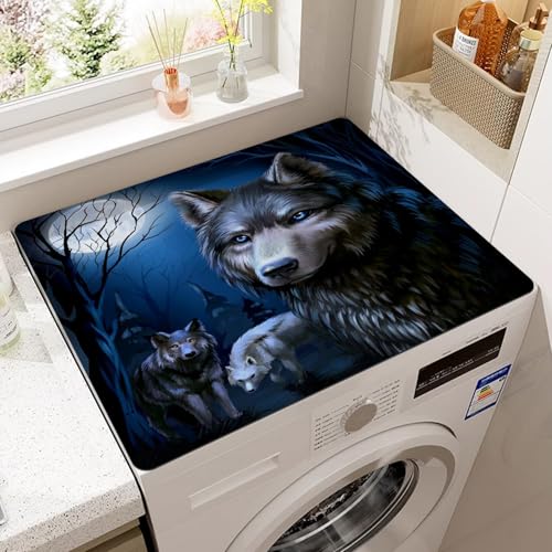 RUILBJ Waschmaschinen Staubschutz Matte Absorbierendes Tischtuch 3D Tier Druck Kühlschrank Mikrowellenherd Abdeckmatten rutschfeste Küchenspülen Geschirr Trockenmatten (Blau Wolf,50x60 cm) von RUILBJ