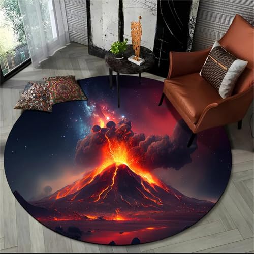 Runder Cooler Teppich Vulkan Flammen Lava Muster Wohnzimmer Heimdekoration Couchtisch Matte Schlafzimmer Spielstuhl Matte Esports Raum Rutschfester Teppich (Farbe 1,120cm) von RUILBJ
