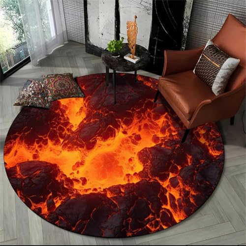 Runder Cooler Teppich Vulkan Flammen Lava Muster Wohnzimmer Heimdekoration Couchtisch Matte Schlafzimmer Spielstuhl Matte Esports Raum Rutschfester Teppich (Farbe 3,140cm) von RUILBJ