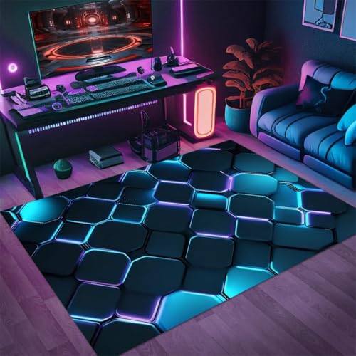 3D Visual Gaming Teppich, Cool Neon Geometrisches Muster Carpet, Wohnzimmer Sofa Bodenmatte, Teenager Jungen Gaming-Zimmer Rug, Schlafzimmer Nachttisch Anti Rutsch Matte (Color 2,100x150cm) von RUILBJM