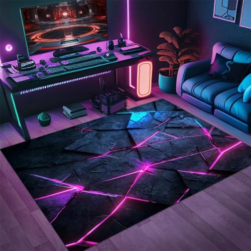 3D Visual Gaming Teppich, Cool Neon Geometrisches Muster Carpet, Wohnzimmer Sofa Bodenmatte, Teenager Jungen Gaming-Zimmer Rug, Schlafzimmer Nachttisch Anti Rutsch Matte (Color 3,60x90cm) von RUILBJM