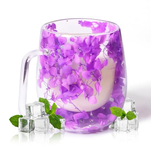 RUIOMII 370ml Doppelter Glastasse mit Blumen, Kaffeetassen Glas mit Henkel, Isolierte Kaffeetasse Geburtstag Geschenke für Mutter Freundin Lehrer von RUIOMII