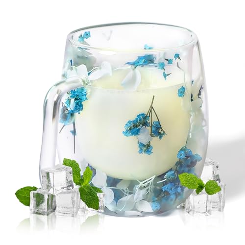 RUIOMII 370ml Doppelter Glastasse mit Blumen, Kaffeetassen Glas mit Henkel, Isolierte Kaffeetasse Geburtstag Geschenke für Mutter Freundin Lehrer von RUIOMII