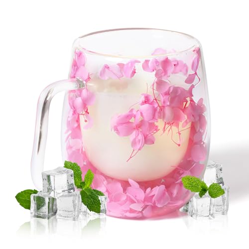 RUIOMII 370ml Doppelter Glastasse mit Blumen, Kaffeetassen Glas mit Henkel, Isolierte Kaffeetasse Geburtstag Geschenke für Mutter Freundin Lehrer von RUIOMII