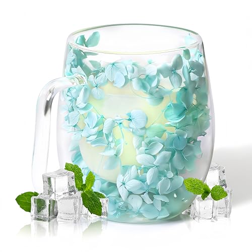 RUIOMII 370ml Doppelter Glastasse mit Blumen, Kaffeetassen Glas mit Henkel, Isolierte Kaffeetasse Geburtstag Geschenke für Mutter Freundin Lehrer von RUIOMII