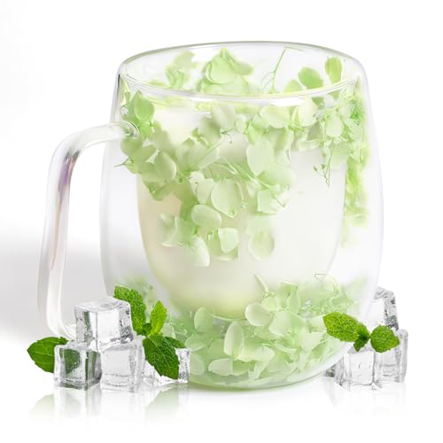 RUIOMII 370ml Doppelter Glastasse mit Blumen, Kaffeetassen Glas mit Henkel, Isolierte Kaffeetasse Geburtstag Geschenke für Mutter Freundin Lehrer von RUIOMII