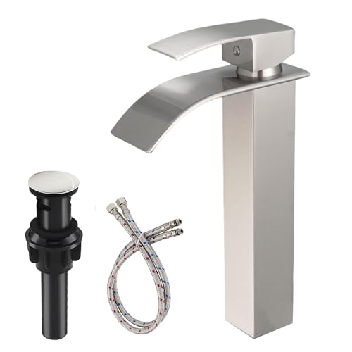 RUITHOE Gebürstetes Nickel Badezimmer Gefäß Waschbecken Wasserhahn Wasserfall Gefäß Wasserhahn Hoher Körper Hoch 1 Loch Einhandgriff mit Pop-Up-Ablauf-Kombination Waschtischarmatur Waschbecken RUITHOE Gebürstetes Nickel Badezimmer Gefäß Waschbecken Wasserhahn Wasserfall Gefäß Wasserhahn Hoher Körper Hoch 1 Loch Einhandgriff mit Pop-Up-Ablauf-Kombination Waschtischarmatur Waschbecken von RUITHOE