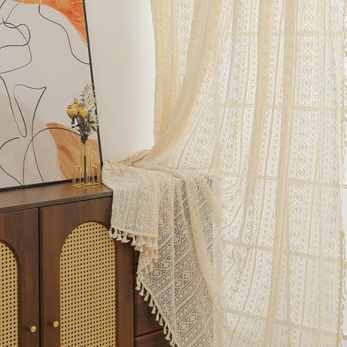RUIXUAN Gardinen Vorhänge mit Kräuselband beige Gardine mit Quaste Boho Vorhang Häkeln Stricken kräuselband Wohnzimmer Modern Voile Schienensystem Schlafzimmer Curtains 2er Set 150 * 230cm von RUIXUAN