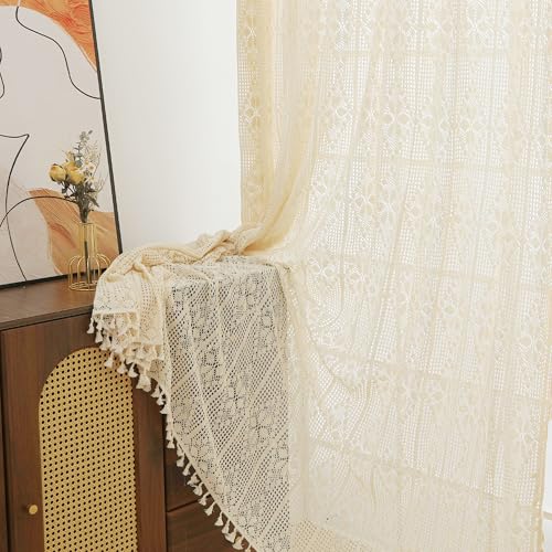 RUIXUAN Gardinen Vorhänge mit Kräuselband beige Gardine mit Quaste Boho Vorhang Häkeln Stricken kräuselband Wohnzimmer Modern Voile Schienensystem Schlafzimmer Curtains 2er Set 150 * 230cm von RUIXUAN