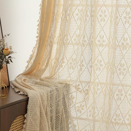 RUIXUAN Gardinen Vorhänge mit Kräuselband beige Gardine mit Quaste Boho Vorhang Häkeln Stricken kräuselband Wohnzimmer Modern Voile Schienensystem Schlafzimmer Curtains 2er Set 150 * 230cm von RUIXUAN