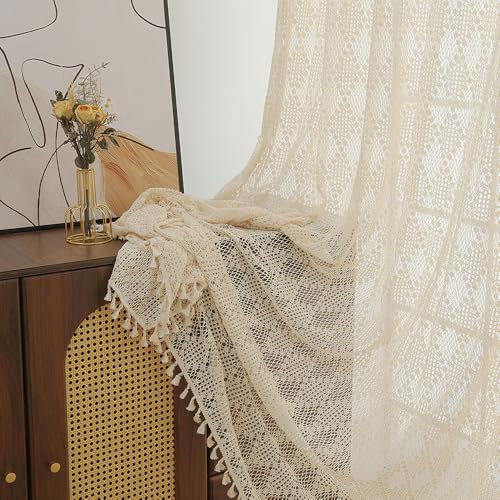 RUIXUAN Gardinen Vorhänge mit Kräuselband beige Gardine mit Quaste Boho Vorhang Häkeln Stricken kräuselband Wohnzimmer Modern Voile Schienensystem Schlafzimmer Curtains 2er Set 150 * 230cm von RUIXUAN