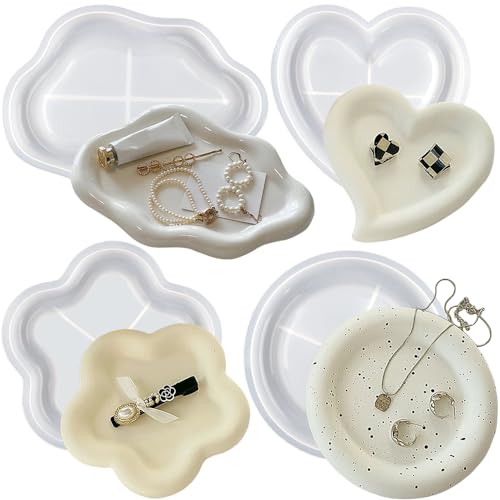 4Pcs Schmucktablett Silikonformen Gießformen Silikon Gießform Wolke Blume Herz Runde Schmuckaufbewahrung Tablett Epoxidharz Formen Schmuckschale Silikonform Snackteller Resin Formen Harz Gießen Set von RUIYDZ
